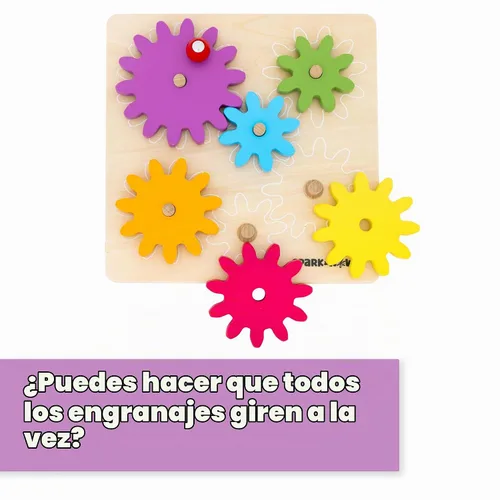 Vista 7 de Spark & Wow Spinny Gears - Tabla de engranajes de madera con 6 piezas en 3 tamaños Juguetes de causa y efecto Crea combinaciones coloridas