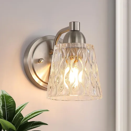 Vista 16 de Mecgirn Lámpara de tocador de baño de acero inoxidable sobre el espejo, 1 lámpara de baño dorada cepillada con pantallas de vidrio texturizado Oro
