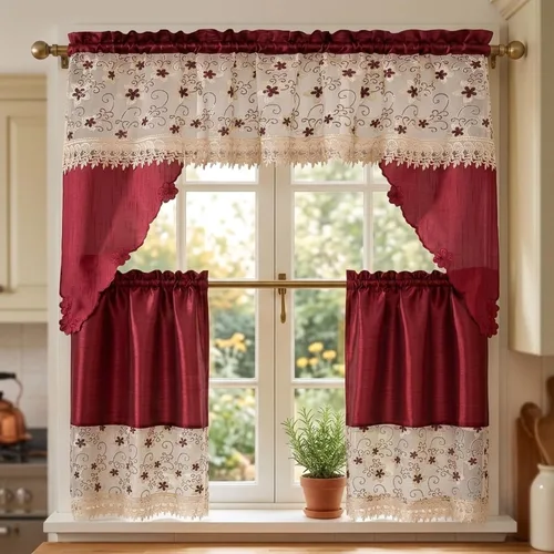 Vista 19 de YHSF Set de cortinas de cocina de 3 piezas con cenefa - Juego de cortinas de ventana de 2 niveles y cenefa con diseño de bolsillo para barra
