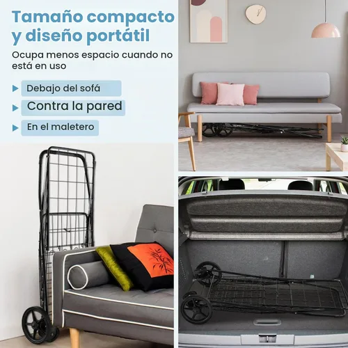 Vista 3 de COSTWAY Carrito de compras plegable, carrito de comestibles de metal con cesta adicional Ruedas delanteras giratorias de 360° y mango cómodo, Negro