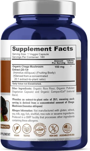 Vista 2 de NusaPure Champiñón Chaga, 150 mg, 180 cápsulas vegetales (USDA orgánico, vegano, sin OMG)