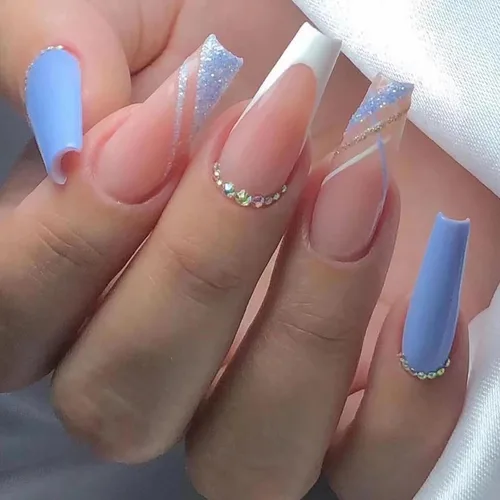 Vista 67 de MISUD - Uñas postizas a presión largas en forma de ataúd con pegamento, diseño de punta francesa acrílica azul de verano, 24 piezas