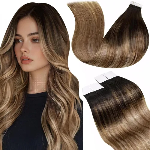 Vista 16 de LaaVoo Extensiones adhesivas de cabello humano real, color negro azabache, extensiones de cabello humano liso y sedoso, 10 pulgadas, 20