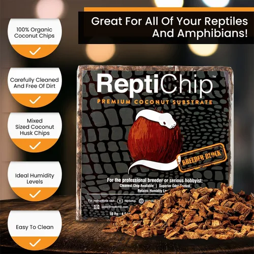 Vista 3 de ReptiChip - Sustrato de reptil con chips de coco de 72 cuartos de galón de capacidad, bloque de cáscara de coco orgánico comprimido para hábitat