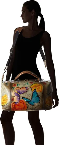 Vista 6 de Anna by Anuschka Bolso grande de viaje de cuero genuino pintado a mano para mujer, asa de doble cuerda, correa ajustable