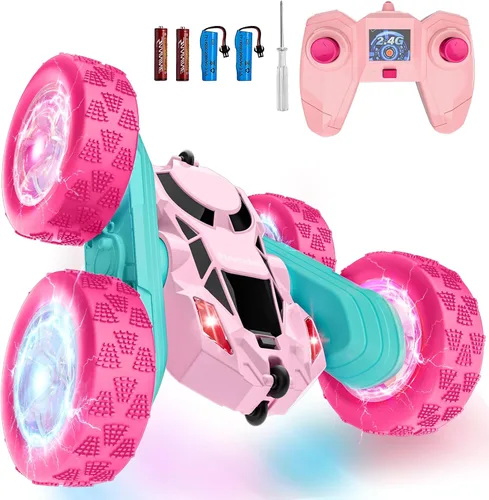 Vista 11 de Hamdol Auto de control remoto para niños, auto de acrobacias RC giratorio de 360°, vehículo eléctrico 4WD de doble cara con luces LED, autos de Azul