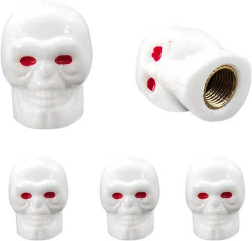 Vista 10 de Dickno 5 tapas de vástago de válvula de neumático estilo calavera con anillo de goma, cubierta de tapones de aire de auto con ojos rojos, tapas