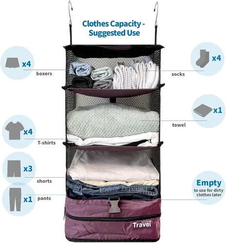 Vista 3 de Grand Fusion Stow-N-Go Organizador de equipaje de viaje Estantes de viaje colgantes portátiles, organizador de armario de mano, cubos de embalaje