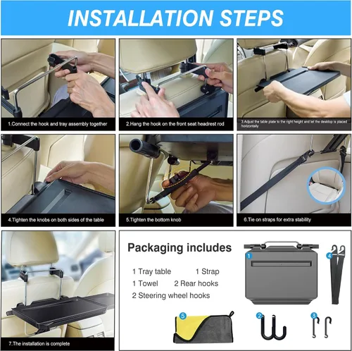 Vista 9 de VarCozy Bandeja para Volante de Coche, Bandeja Colgante Plegable para Reposacabezas Trasero con Bandeja Expandible y Ranura para Bebidas, Escritorio