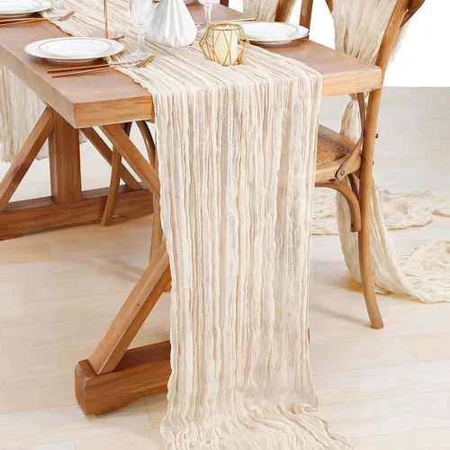 Vista 12 de LuoluoHouse Beige Gauze Table Runner 17x120 Inch Summer Boho Cheesecloth Runner Fabric for Wedding Reception Party Decor Bridal Shower Bulk Table