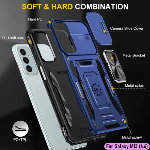 Vista 3 de Funda resistente para Samsung Galaxy M13, protección híbrida de goma de doble capa de grado militar con protector de cámara deslizante, soporte