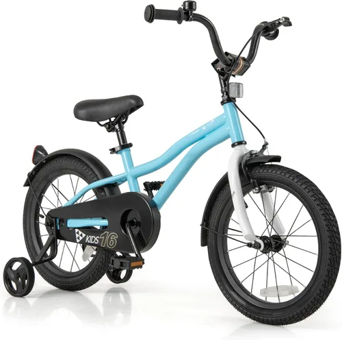 Vista 14 de BABY JOY Bicicleta deportiva de 12, 14, 16, 18 pulgadas, con ruedas de entrenamiento, asiento ajustable, freno de mano y freno de posavasos