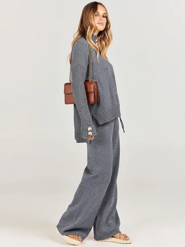 Vista 4 de ANRABESS Conjunto de 2 piezas para mujer, suéter de punto de manga larga, pantalón de pierna ancha, ropa de descanso, moda 2024