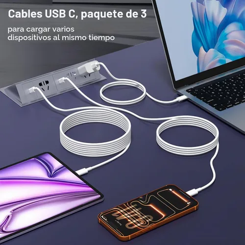 Vista 7 de Cable USB C a USB C, paquete de 3 [3 pies+6 pies + 10 pies] Cable de carga Carga flexible para cama, escritorio, automóvil y viajes, compatible