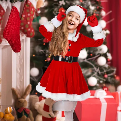 Vista 7 de Xtinmee Juego de 4 piezas de disfraz de Papá Noel para niñas, vestido de Papá Noel rojo, sombrero de Navidad y guantes de piel, pantimedias