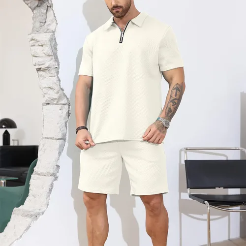 Vista 2 de Conjunto deportivo de 2 piezas con cremallera para hombre, camiseta polo y pantalones cortos, conjunto casual de verano de manga corta