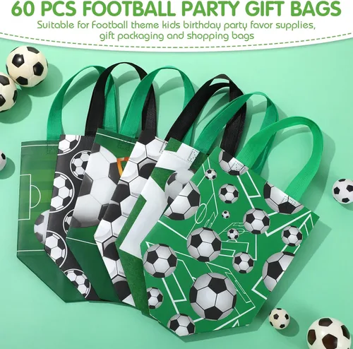 Vista 7 de Kigeli 60 bolsas de golosinas de fútbol, bolsas de regalo de fiesta de fútbol, reutilizables, no tejidas, bolsas de dulces con asas para fiesta