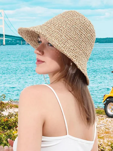 Vista 2 de Sombrero de sol para mujer, hecho a mano, cubo de paja de ganchillo para verano, plegable, gorra de viaje Beige y café