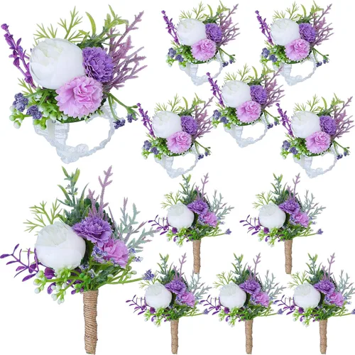 Vista 8 de Juego de 12 ramilletes de boda y boutonniere, pulsera de ramillete de boda con alfileres para baile de graduación, hombres, novia, fiesta