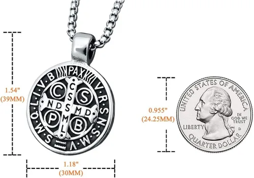 Vista 6 de Collar con colgante de exorcismo de San Benito para hombre, acero inoxidable, cruz católica romana, protección de demonios, cazador de fantasmas