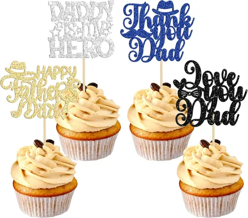 Vista 11 de Gyufise 24 adornos para cupcakes con purpurina para el Día del Padre, diseño de bigote con purpurina, para papá, mejor papá, herramienta