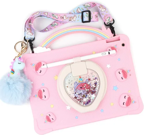 Vista 9 de [Funda de Unicornio con Mango de Arcoíris Súper Linda] Compatible con iPad 7 2019 Funda Protectora para Niños Niñas con Correa de Mano y Soporte