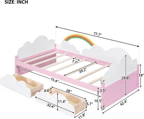 Vista 2 de Merax Cama individual con decoración de nubes y arco iris, marco de cama de madera con cajones de almacenamiento para niños