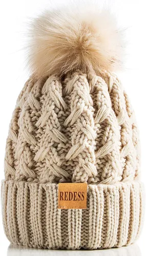 Vista 2 de REDESS Gorro de invierno con pompón para mujer, con forro polar, gorro grueso y holgado de punto cruzado para mujer