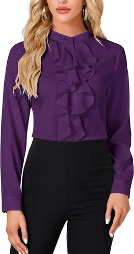 Vista 10 de LYANER - Blusa de cuello alto con botones, volantes en el frente, manga larga, camisa de trabajo para mujer