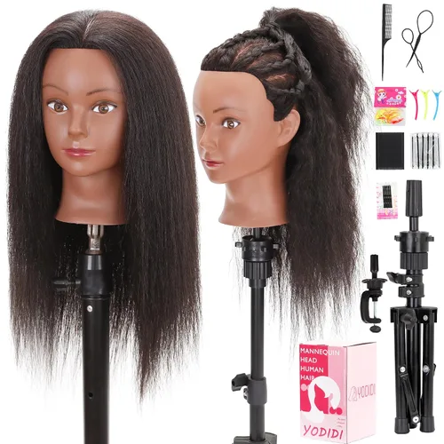 Vista 9 de YODIDI Cabeza de maniquí con cabello 100% humano, cabeza de maniquí de cabello humano, cosmetología, cabeza de muñeca para peinado, práctica