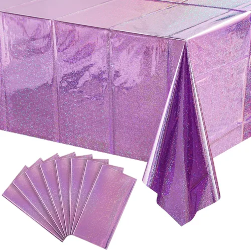 Vista 22 de Paquete de 4 manteles de plástico iridiscente brillantes desechables láser rectangulares, cubiertas de mesa, mantel de papel holográfico