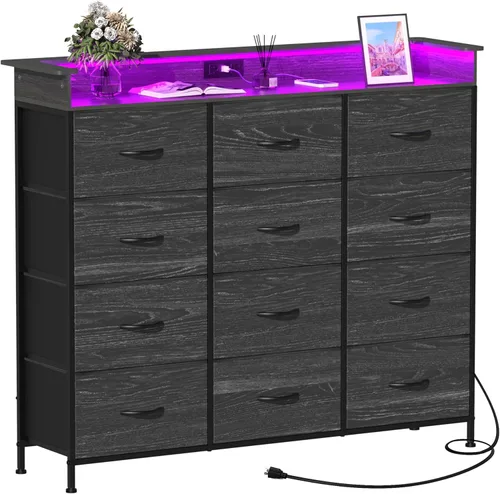 Vista 6 de Cómoda negra con luz LED, 12 cajones con estación de carga, cómoda para dormitorio con 12 cajones de tela para dormitorio, pasillo, entrada