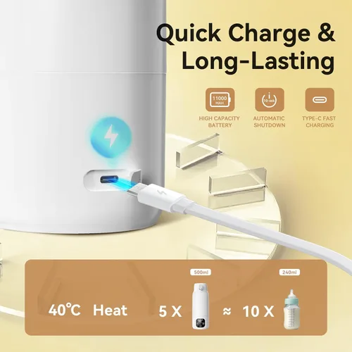 Vista 6 de Calentador de botellas portátil para viajes, calentamiento rápido de 3 minutos para leche materna, fórmula y agua, frasco grande de acero inoxidable
