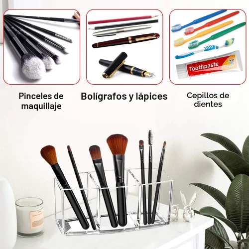 Vista 7 de Watpot Organizador de brochas de maquillaje acrílico con soporte transparente para brochas cosméticas con 3 ranuras