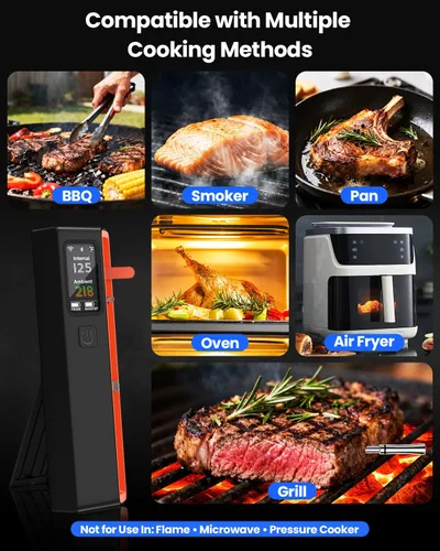 Vista 9 de PROGRACE Termómetro inalámbrico Bluetooth inteligente para carne: base independiente, rango ilimitado WiFi, 6 sensores con precisión certificada