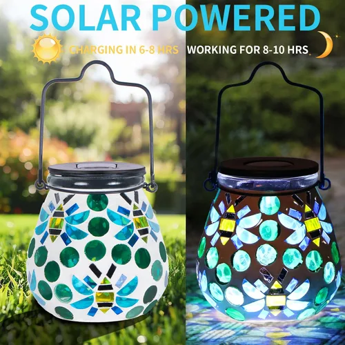 Vista 3 de Afirst - Faroles de mosaico para exteriores, luces solares colgantes de cristal, abejas, impermeables, decorativas para exteriores, jardín, patio