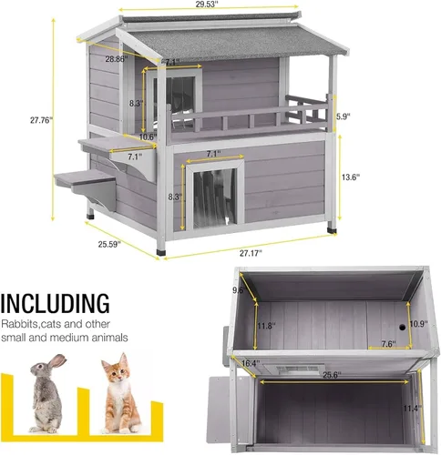 Vista 6 de Aivituvin Casa de gatos al aire libre resistente a la intemperie con dos pisos, refugio para gatos salvajes con puertas de escape, madera maciza