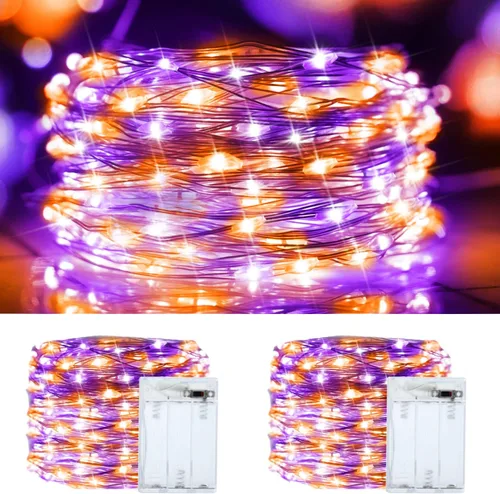 Vista 9 de Luces de cuerda de Navidad rojas, verdes y blancas de alambre de cobre, paquete de 2, total de 200 luces LED de hadas, luces parpadeantes