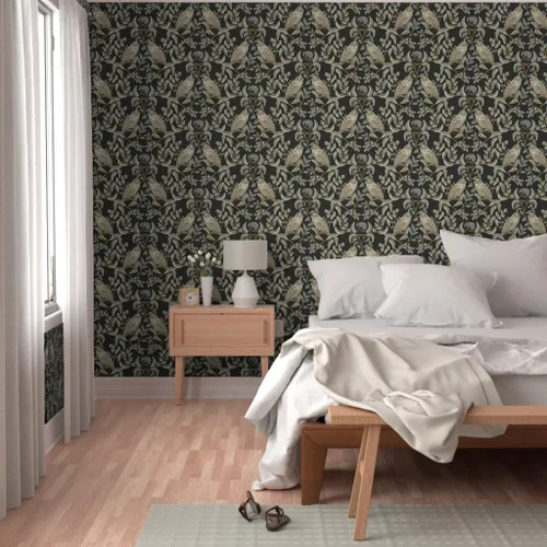 Vista 5 de Muestro de papel tapiz extraíble – Little Owl Damask William Morris Farmhouse Arts and Crafts Birds of Rapy, papel tapiz de transición verde suave