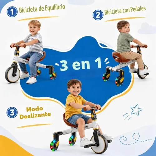 Vista 2 de Ridego Triciclo 3 en 1 para niños de 2 a 5 años, modos de caminante, pedal Blanco