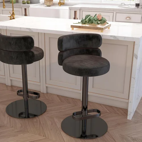 Vista 17 de Taburetes de bar de terciopelo modernos giratorios de altura ajustable para encimera de cocina, taburetes de bar con reposapiés para sala de estar
