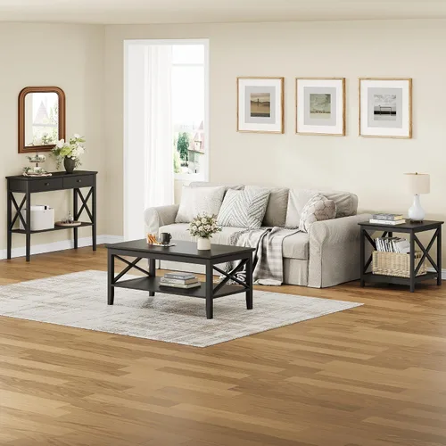 Vista 3 de Mesa de centro ChooChoo Oxford con patas más gruesas, mesa de centro de madera negra con almacenamiento para la sala de estar