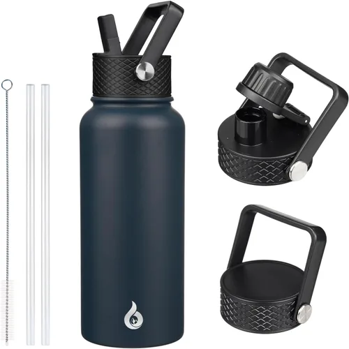 Vista 46 de BJPKPK Botellas de Agua Aisladas con Tapa de Pajita, Botella de Agua de Acero Inoxidable de 18oz, Termo Frío Caliente con 3 Tapas, Vaso de Viaje a