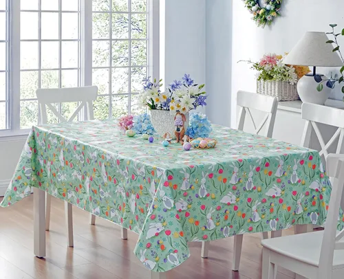 Vista 11 de Newbridge Blue Easter Cotton Tail Bunny Party 52 x 52 inch Square Vinyl Tablecloth with Flannel Backing, Bunny Rabbit, Easter Eggs and Floral Design