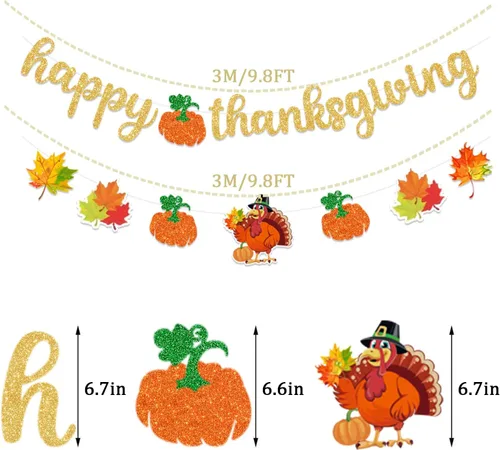 Vista 3 de Pancarta de decoración de Acción de Gracias con purpurina para decoración de Acción de Gracias, pavo y calabaza para interiores y exteriores