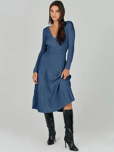 Vista 5 de ANRABESS Vestido midi cruzado tipo suéter para mujer, manga larga, cuello en V, cintura alta, acanalado, plisado, vestido acampanado