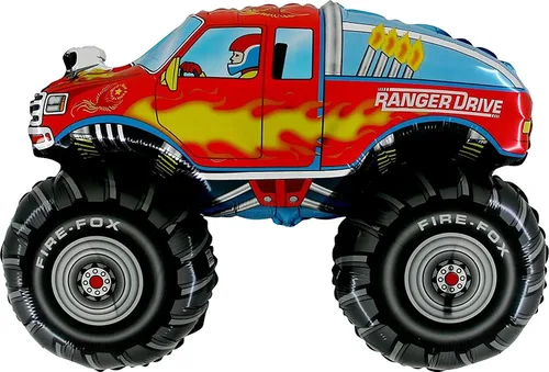 Vista 3 de Monster Truck Rally - Suministros para fiestas de cumpleaños, ramo de globos, 3 camiones
