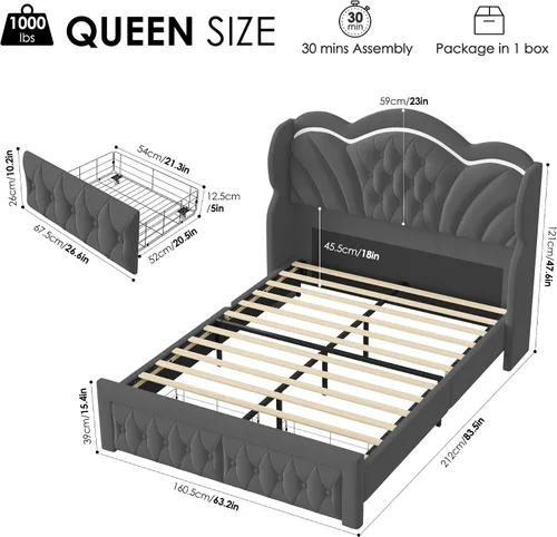 Vista 2 de Keyluv - Base de cama Queen con luces LED y 2 cajones de almacenamiento, plataforma tapizada en terciopelo con cabecera de 47" de altura