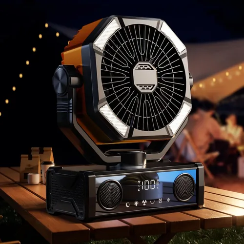 Vista 8 de Ventilador portátil recargable con altavoz Bluetooth 5.3, ventilador de campamento de 25000 mAh con control táctil de 5 velocidades y luz LED de 3