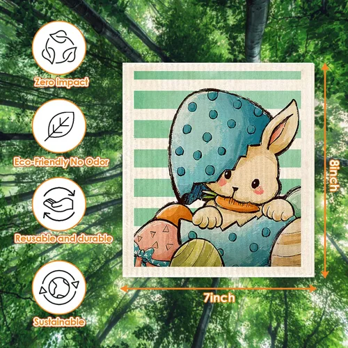 Vista 2 de Paños de cocina suecos de gnomo de conejo de Pascua, reutilizables, sostenibles, biodegradables, de esponja de celulosa, paños de limpieza